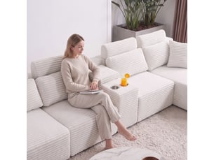 Canapé panoramique en u - 373x150x81cm - canapé modulaire velours côtelé avec porte-gobelets, assise profonde - blanc