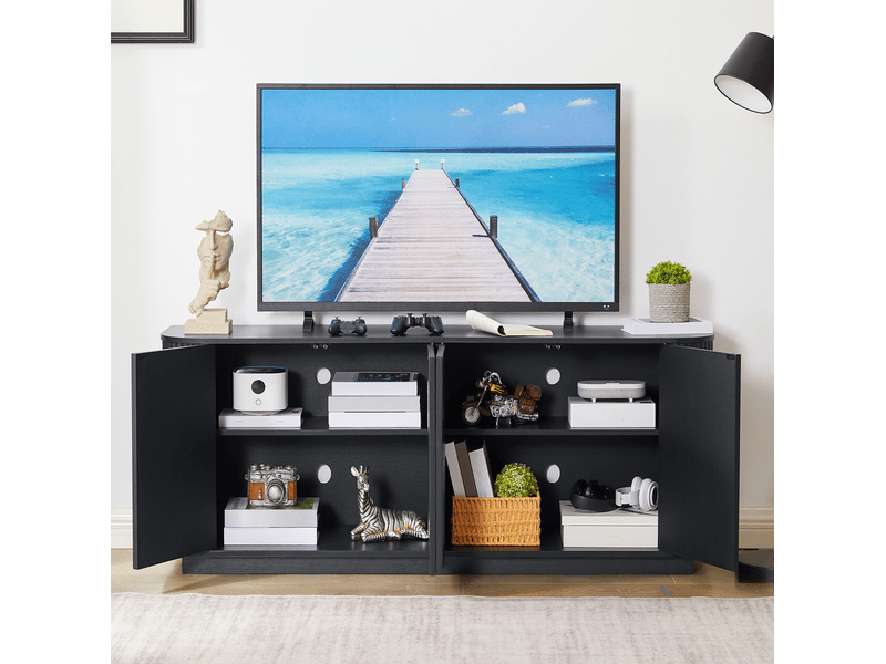  Meuble tv ulevr à 4 portes avec rangement 162,5 x 38 x 61 cm en mdf noir, façade ondulée  - Conforama E