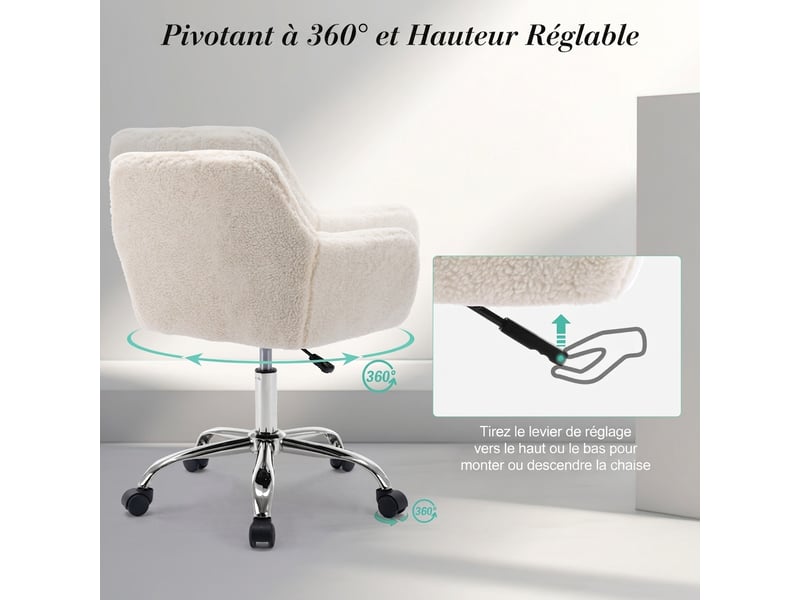  Chaise de bureau en fausse fourrure réglable en hauteur et pivotante avec pieds dorés pour chambre 53x53x55cm  - Conforama D