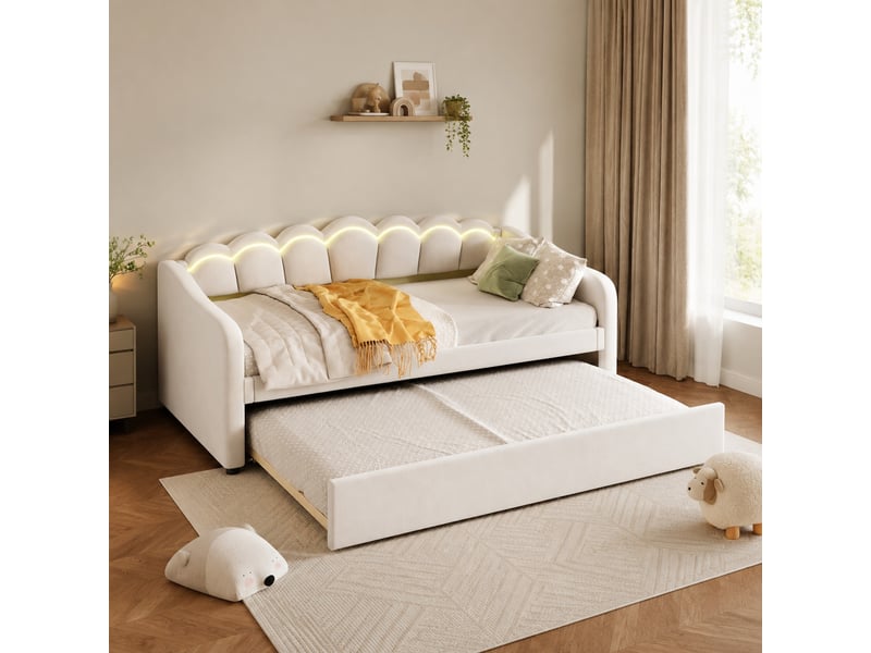  Lit gigogne 90x200 cm avec led réglables，coloris beige  - Conforama B