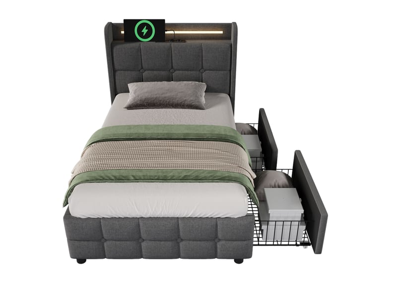 Lit coffre 90x200 cm rembourré, 2 tiroirs de rangement, led et usb intégrés, tête de lit avec étagère, gris - Conforama A