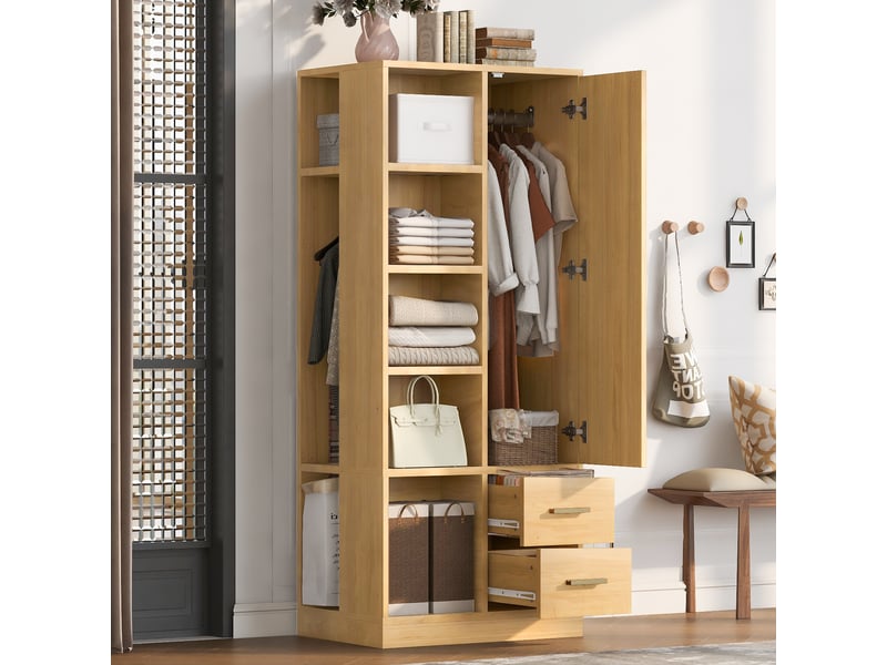  Armoire 1 porte avec 2 barres de penderie et rangements multiples - bois et métal, couleur bois  - Conforama C