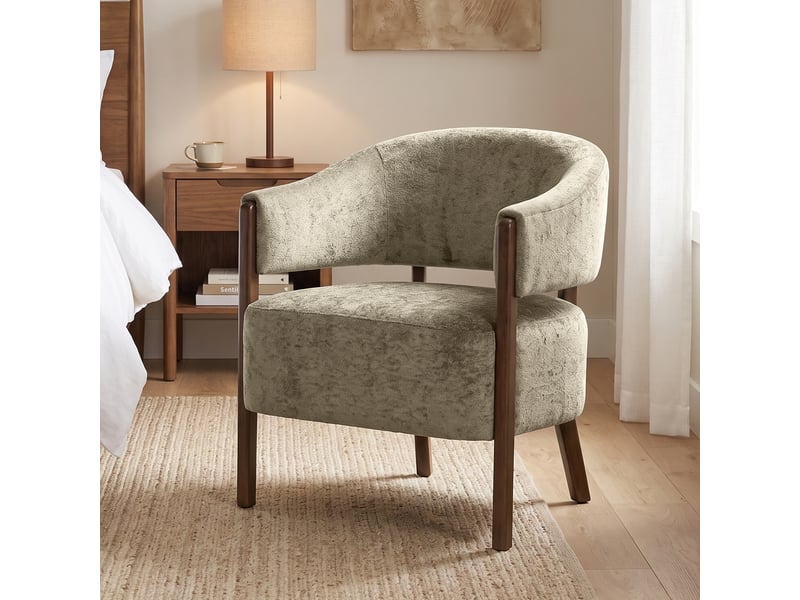  Fauteuil lounge rembourré en chenille, assise large, marron clair  - Conforama D