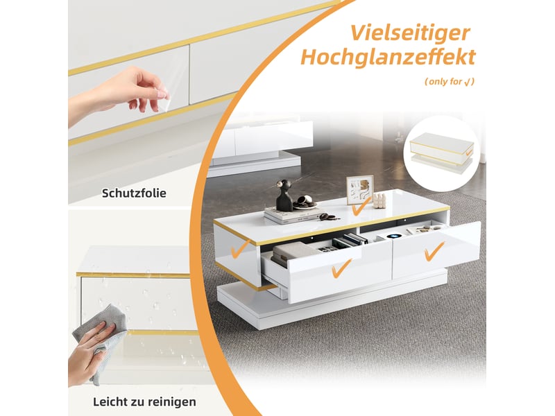  Ensemble meuble tv et table basse 200 x 40 x 40 cm – blanc chaud et doré – 5 tiroirs et rangements pratiques  - Conforama D
