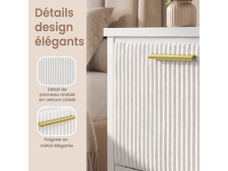  Table de chevet lot de 2 avec 2 tiroirs en velours côtelé, bout de canapé, 39,6 x 30 x 53,2 cm, blanc neige  - Conforama E