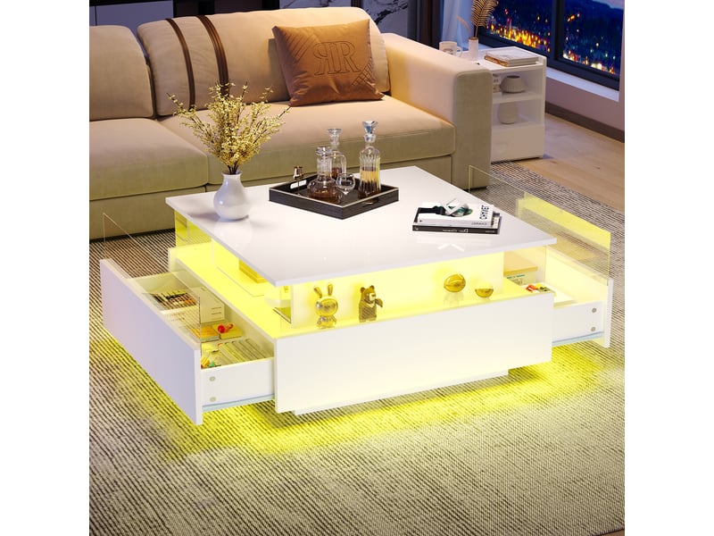  Table basse blanche brillante carrée 70x70 cm avec éclairage led et 2 tiroirs - design moderne  - Conforama B