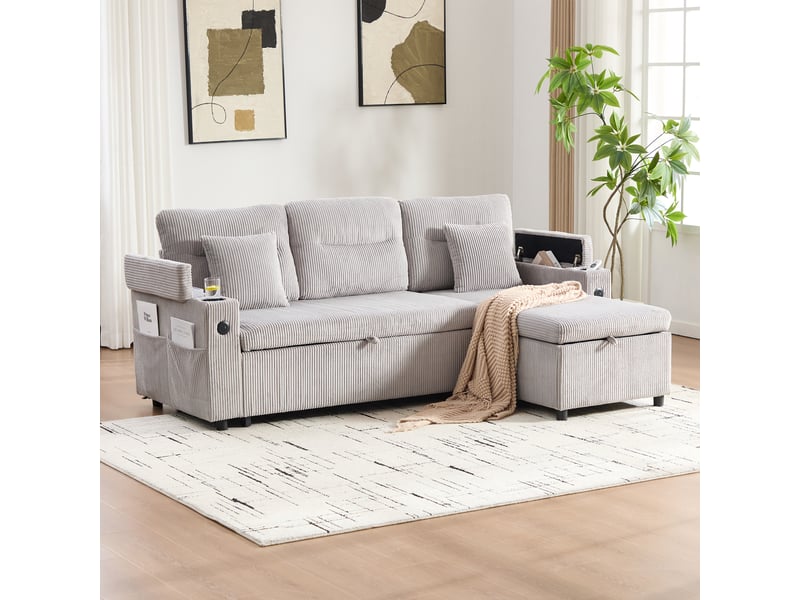  Canapé convertible moderne 3 places avec rangement hydraulique et port usb-c, velours côtelé, 212,5 x 136 x 86 cm - gris clair  - Conforama B