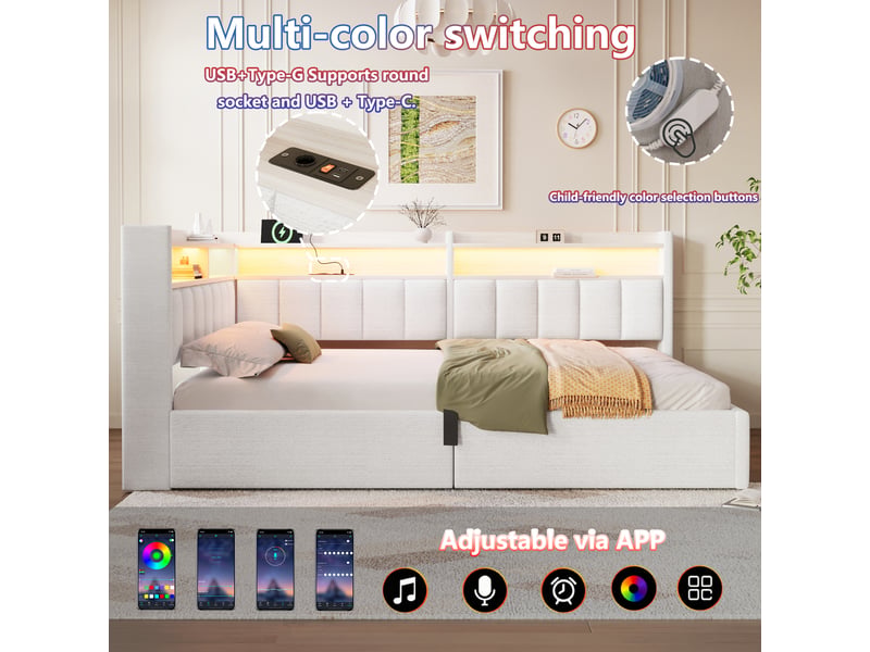  Lit banquette 140x200 cm blanc crème en velours avec rangement hydraulique, led, usb et meuble latéral montable à gauche ou à droite Morn Vibe - Conforama D
