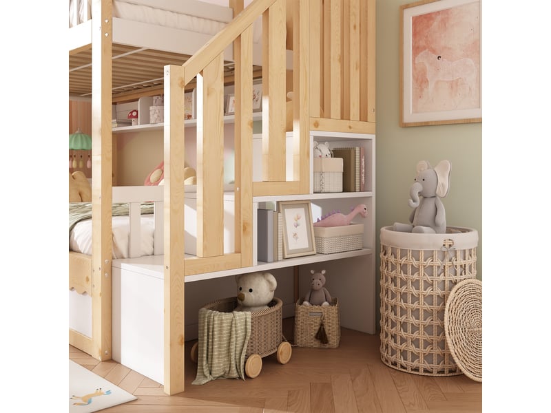 Lit superposé enfant 90x200cm - lit enfant bois - rangement hydraulique - escalier sécurisé avec étagères - 2 places - blanc chêne - Conforama D
