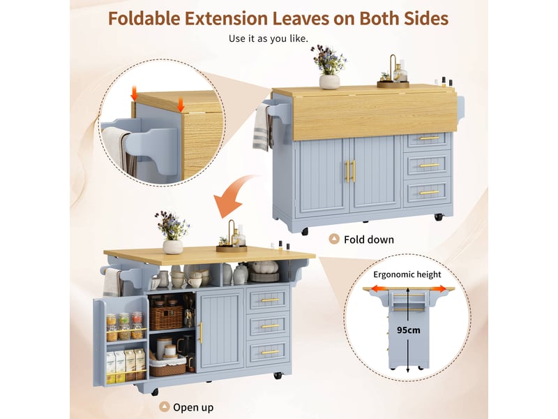  Desserte de cuisine avec 3 tiroirs, plateaux rabattables, porte-serviettes et 5 roulettes pour cuisine en mdf bleu-gris  - Conforama E