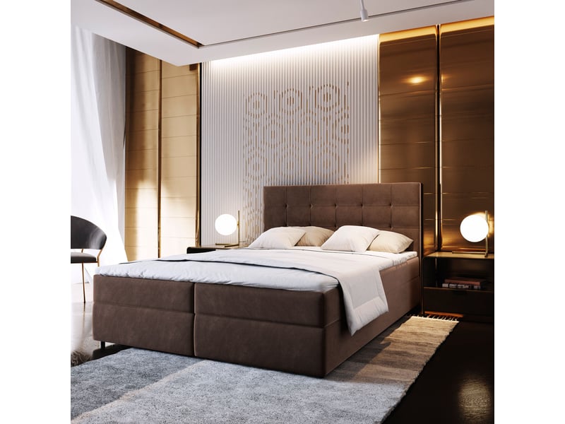 Boxspring glos 200x200 cm, lit complet avec matelas, marron - Conforama B