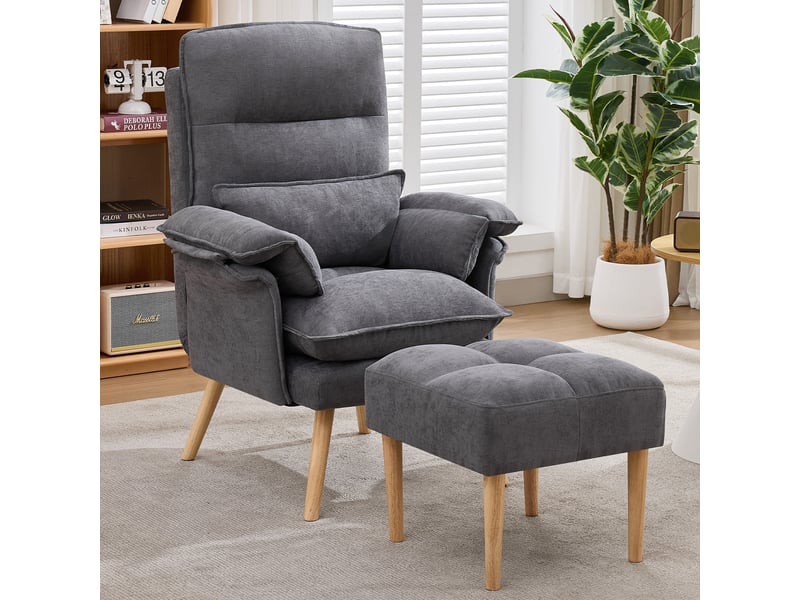 Fauteuil relax, fauteuil de salon – avec accoudoirs, dossier réglable, avec repose-pieds, pieds bois, gris - Conforama C