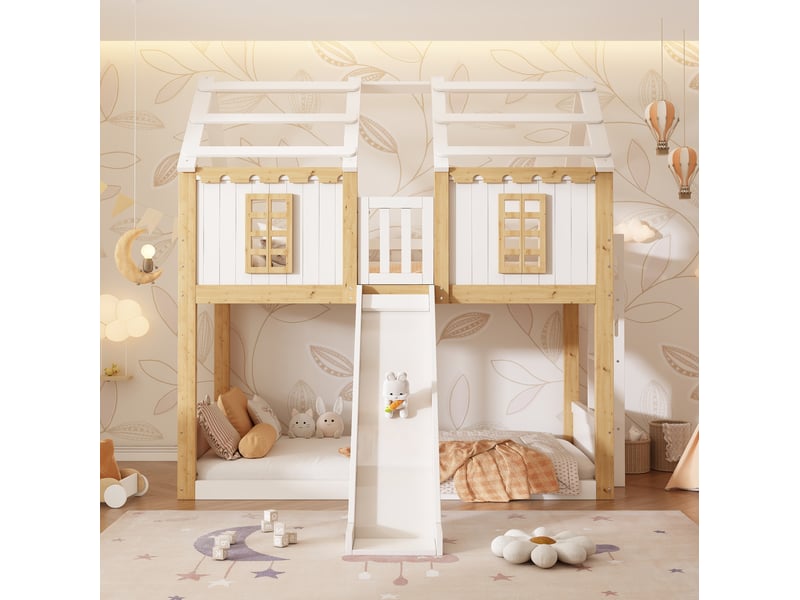 Lit superposé enfant cabane 2x90x200 cm blanc et bois avec toboggan  - Conforama D