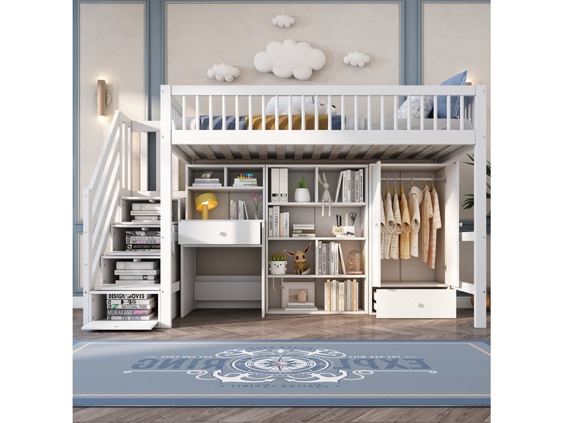 Lit mezzanine enfant 90x200 cm, bureau, escalier de rangement, armoire, sommier à lattes, bois et mdf, blanc sans matelas - Conforama B