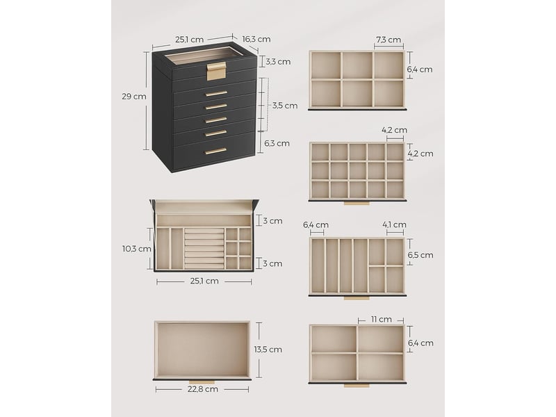 Songmics boîte à bijoux, écrin à accessoires 6 niveaux, coffre de rangement, couvercle en verre, 5 tiroirs, pour lunettes de soleil, rangement pour bijoux, moderne, noir graphite et doré 6 Niveaux - Conforama E