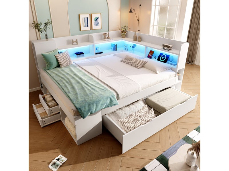  Lit banquette 140x200 cm, tiroirs, éclairage led, usb et usb-c, sommier à lattes, étagères, grand rangement pour chambre - blanc  - Conforama B