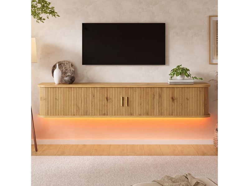  Meuble tv suspendu 175 x 30 x 30 cm portes coulissantes rainurées verticales led réglable par application mdf naturel  - Conforama B
