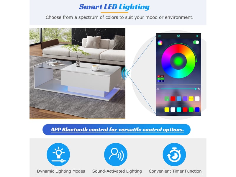  Table basse brillante en panneaux de particules avec lumière led,plateau en verre,compartiment ouvert et 1 tiroir,blanc table basse blanc - Conforama D