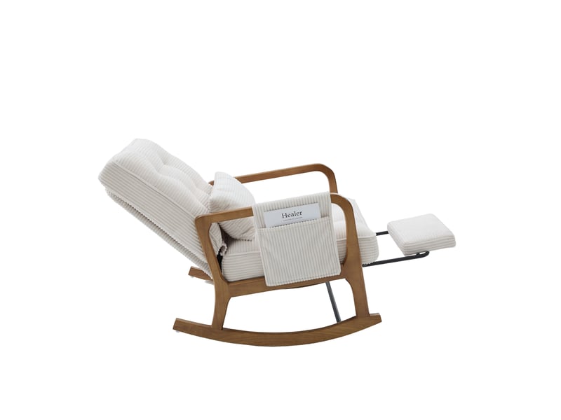 Fauteuil à bascule moderne en velours côtelé beige avec repose-pieds et coussin lombaire - Conforama E