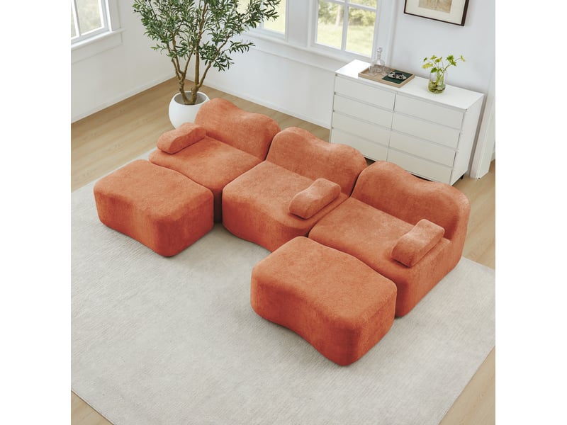  Canapé modulaire 3 places en u avec 2 poufs, velours orange  - Conforama B