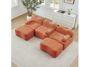 Canapé modulaire 3 places en u avec 2 poufs, velours orange