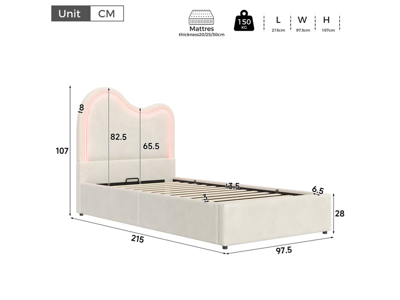  Lit enfant 90x200 cm en velours beige avec rangement hydraulique  - Conforama C