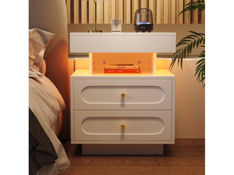  Table de chevet 100x40x60 cm avec 2 tiroirs et éclairage led, blanc  - Conforama B