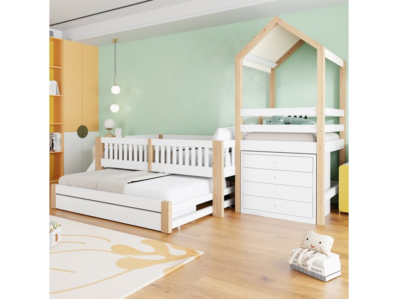  Lit gigogne 90x200 cm + 90x190 cm avec rangements en bois blanc et naturel  - Conforama B