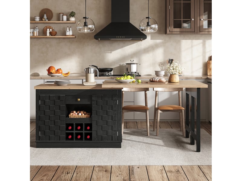  Îlot de cuisine 120-197x40x74,2 cm pivotant à 360°, rangements, porte-bouteilles amovible, tiroir, mdf, couleur noir  - Conforama E