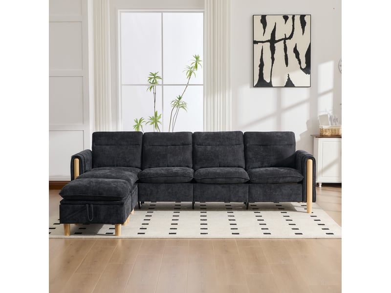  Canapé modulable 4 places modenvie avec deux poufs coffres, forme en u, tissu chenille noir  - Conforama D