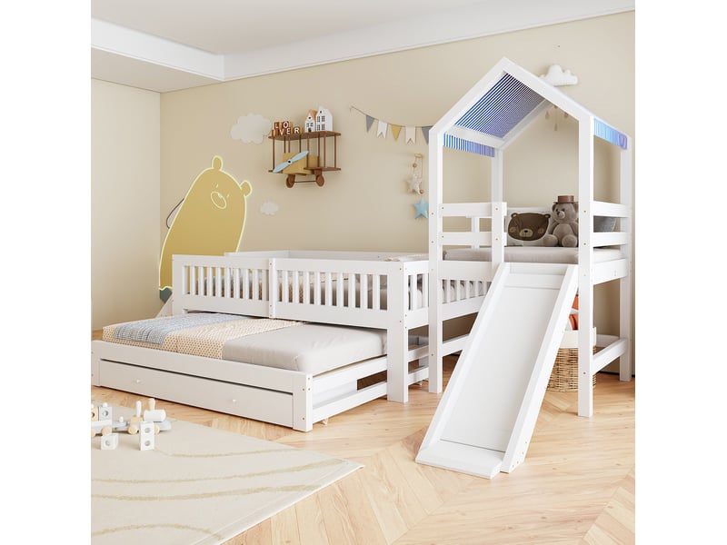  Lit mezzanine enfant 90 × 200 cm avec lit gigogne, toboggan, escalier et tiroirs, structure en bois, blanc  - Conforama B