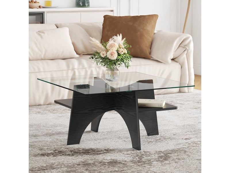  Table basse - table d'appointtable basse carrée moderne en verre trempé (côtés de 80 cm). Pieds en mdf aspect bois, noir noir  - Conforama R