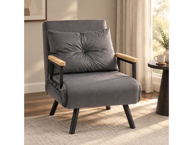  Fauteuil convertible ulevr en lit 1 place, dossier réglable 5 positions 180°, aspect velours gris foncé, 63 x 73 x 81 cm  - Conforama E