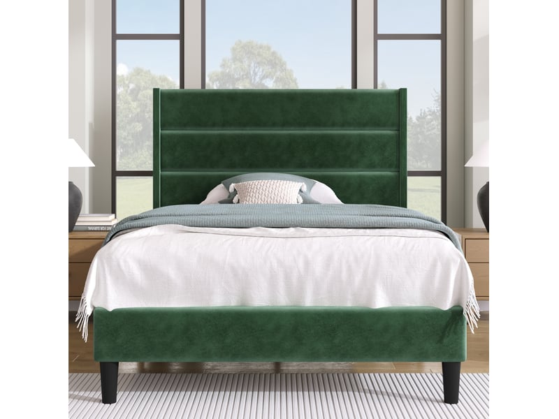  Modenvie lit 1 place 90x200 cm - tête de lit rembourrée en velours, sommier à lattes inclus, sans matelas - vert  - Conforama E