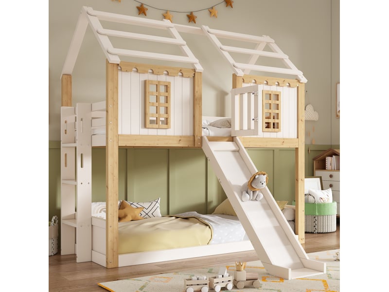  Lit superposé enfant cabane 90 x 200 cm avec toboggan blanc et bois, sans matelas  - Conforama D