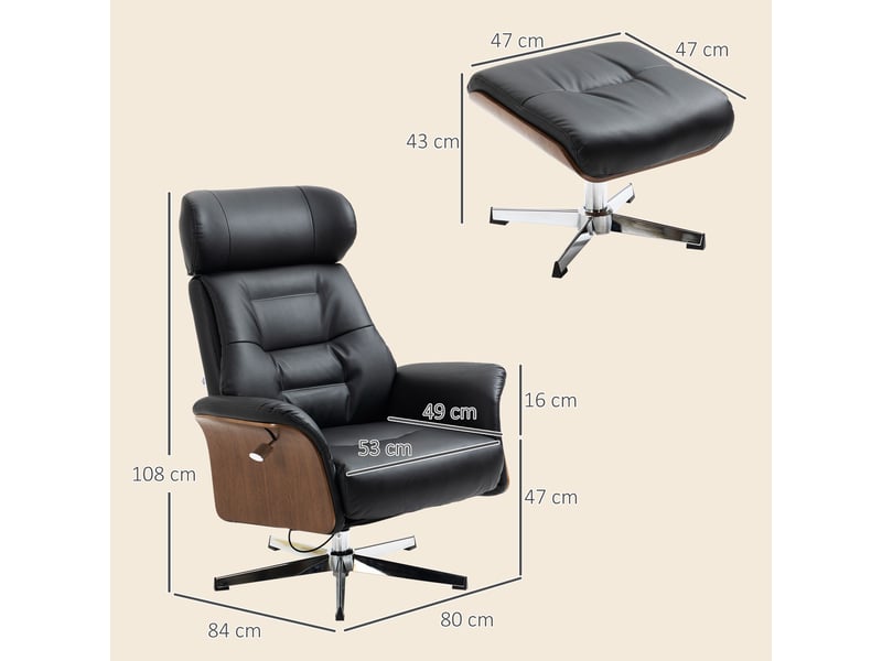  Fauteuil inclinable avec repose-pieds, pivotant à 360°, fonction inclinable, fauteuil de lecture, noir, 80 x 84 x 108 cm  - Conforama E