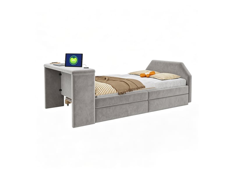 Lit enfant 90x200 cm avec bureau, usb et lit gigogne, velours gris, sans matelas - Conforama D