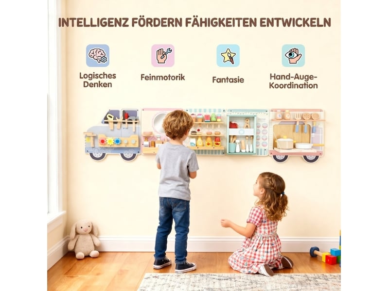  Tableau d'activités mural montessori 163,8 cm multicolore en bois et mdf, camion 5-en-1 dès 3 ans  - Conforama E