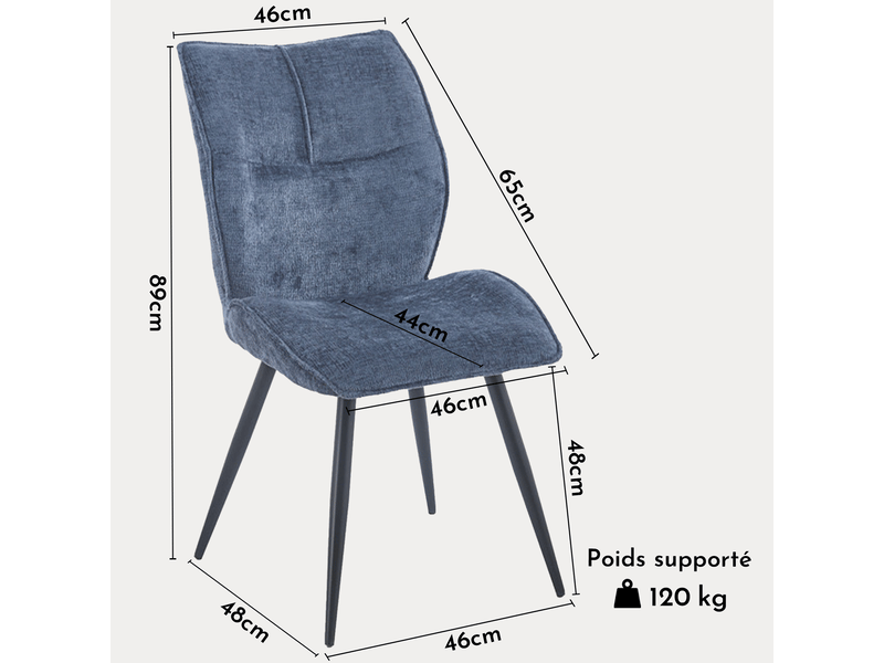 Faye - lot de 2 chaises en tissu bleu pieds en métal noir FAYE-2-BLE - Conforama E