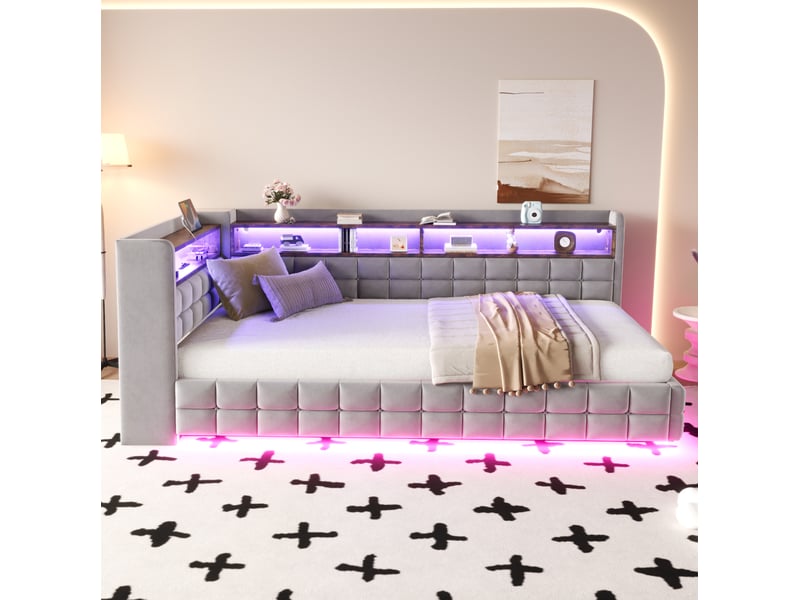  Lit simple 90x200 cm rangement hydraulique, éclairage led en velours gris clair  - Conforama C