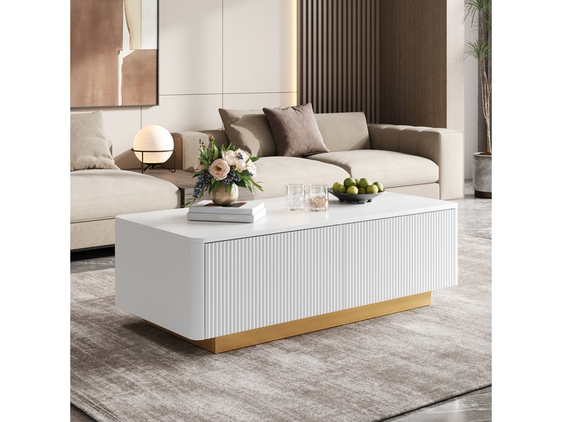  Table basse avec 2 tiroirs, façade rainurée, niches ouvertes et coins arrondis pour salon, en mdf blanc 110×50×35 cm  - Conforama C