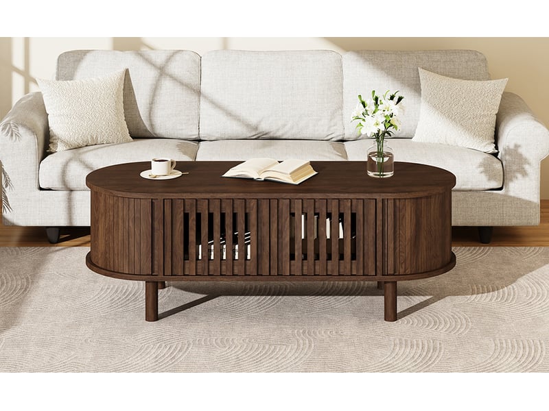  Table basse ovale 100 x 40 x 38 cm avec rangement, 2 portes à lattes et porte coulissante à rideau, mdf et bois, coloris noyer  - Conforama D