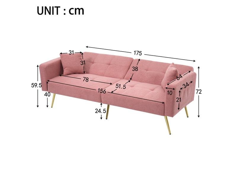  Canapé-lit 175x64x72 cm dossier réglable, poches latérales, pieds dorés, mousse, rose  - Conforama C