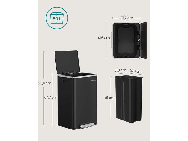  Poubelle de cuisine 50 l avec seau intérieur amovible ergonomique 41,6 x 37,2 x 64,7 cm en acier noir 12_0012743  - Conforama B