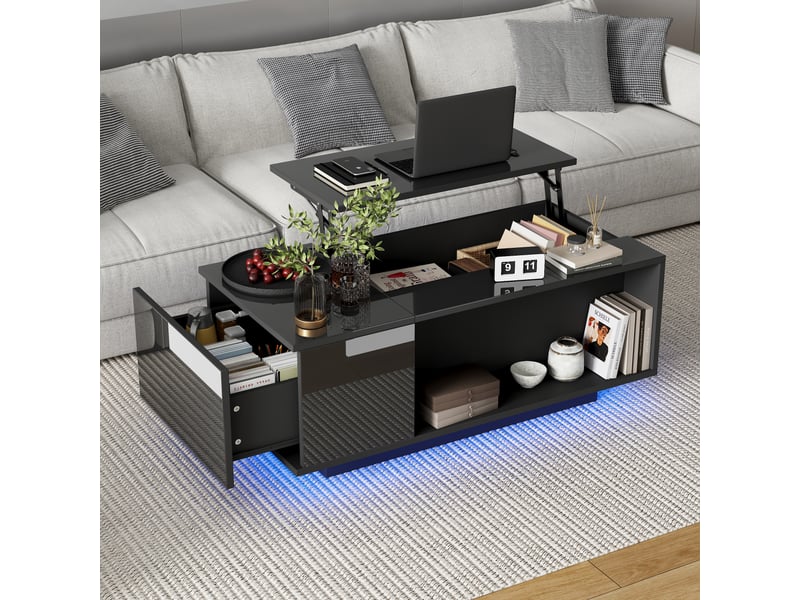Table basse relevable noire 100x50cm avec rangement caché et led bluetooth - Conforama R