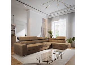 Canapé d'angle droit convertible MASSENO 5 places Velours beige avec coffre de rangement