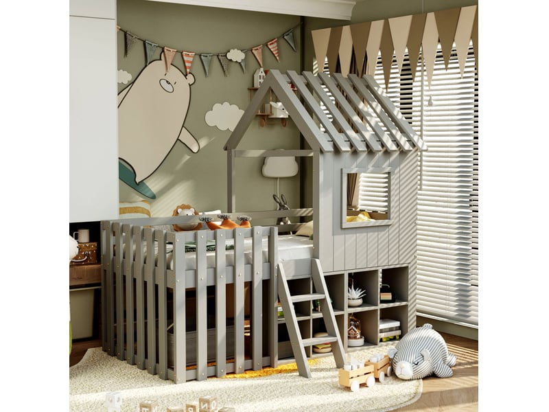  Modenvie lit cabane enfant 90x200 cm - avec rangement modulable, toit et fenetres, sans matelas - gris  - Conforama D