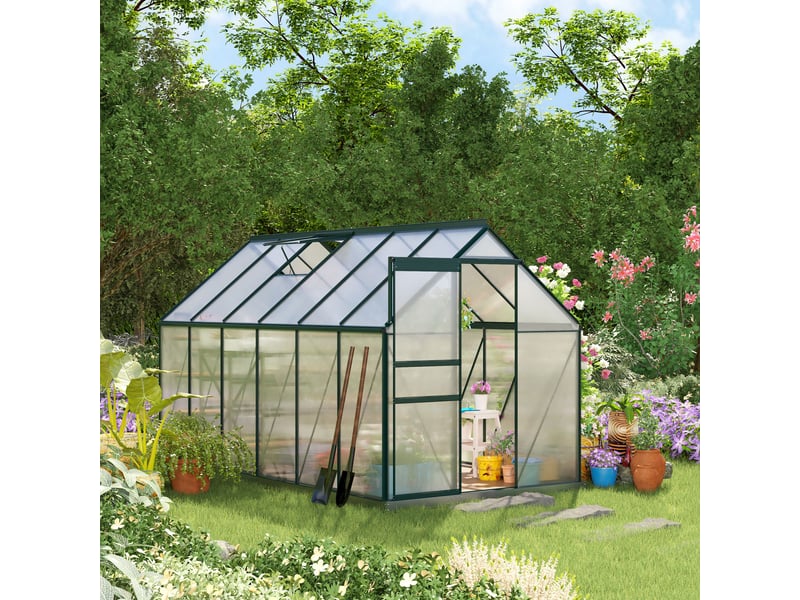  Serre de jardin en polycarbonate 190 x 375 x 199 cm, avec fenêtre ouvrante et porte coulissante, structure en aluminium, verte  - Conforama D