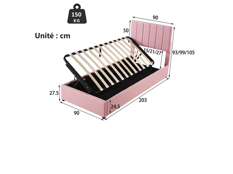  Lit coffre 90x200 cm - lit enfant avec coffre intégré -  en lin - sans matelas - rose  - Conforama C