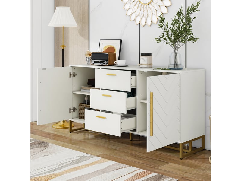  Buffet blanc élégant avec motif à chevrons, 2 portes et 3 tiroirs, meuble de rangement moderne  - Conforama B